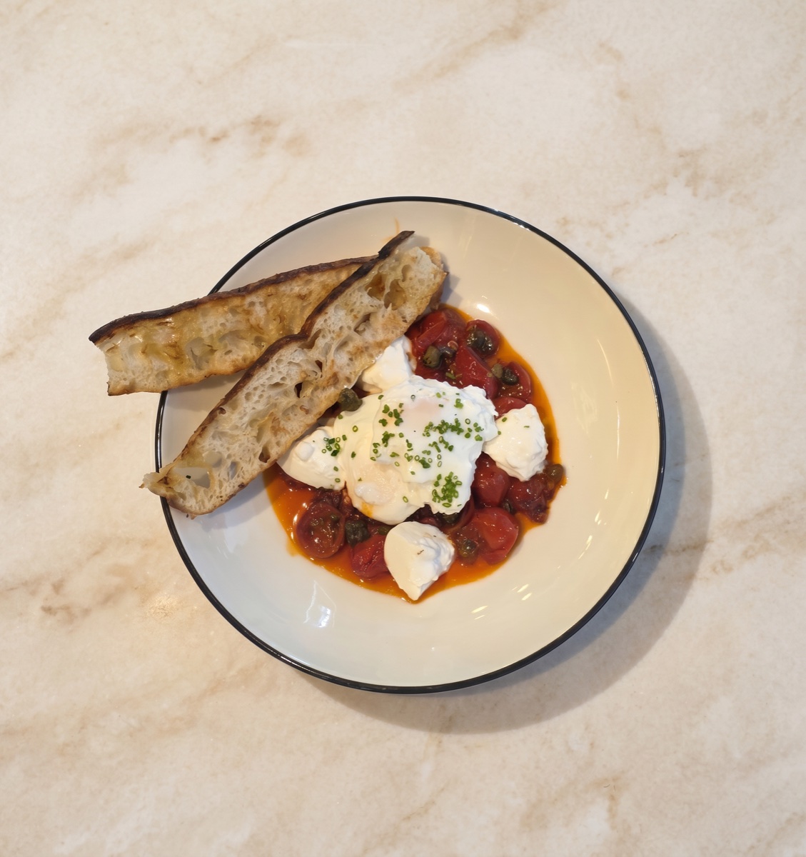 Calabrian Eggs with burrata and grilled sourdough
